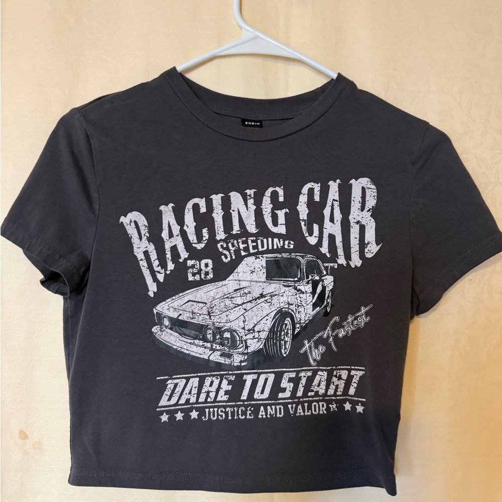 SHEIN Crop Top, Girl’s Medium Gray “Racing Car Dare To Start “ Graphic T-shirt